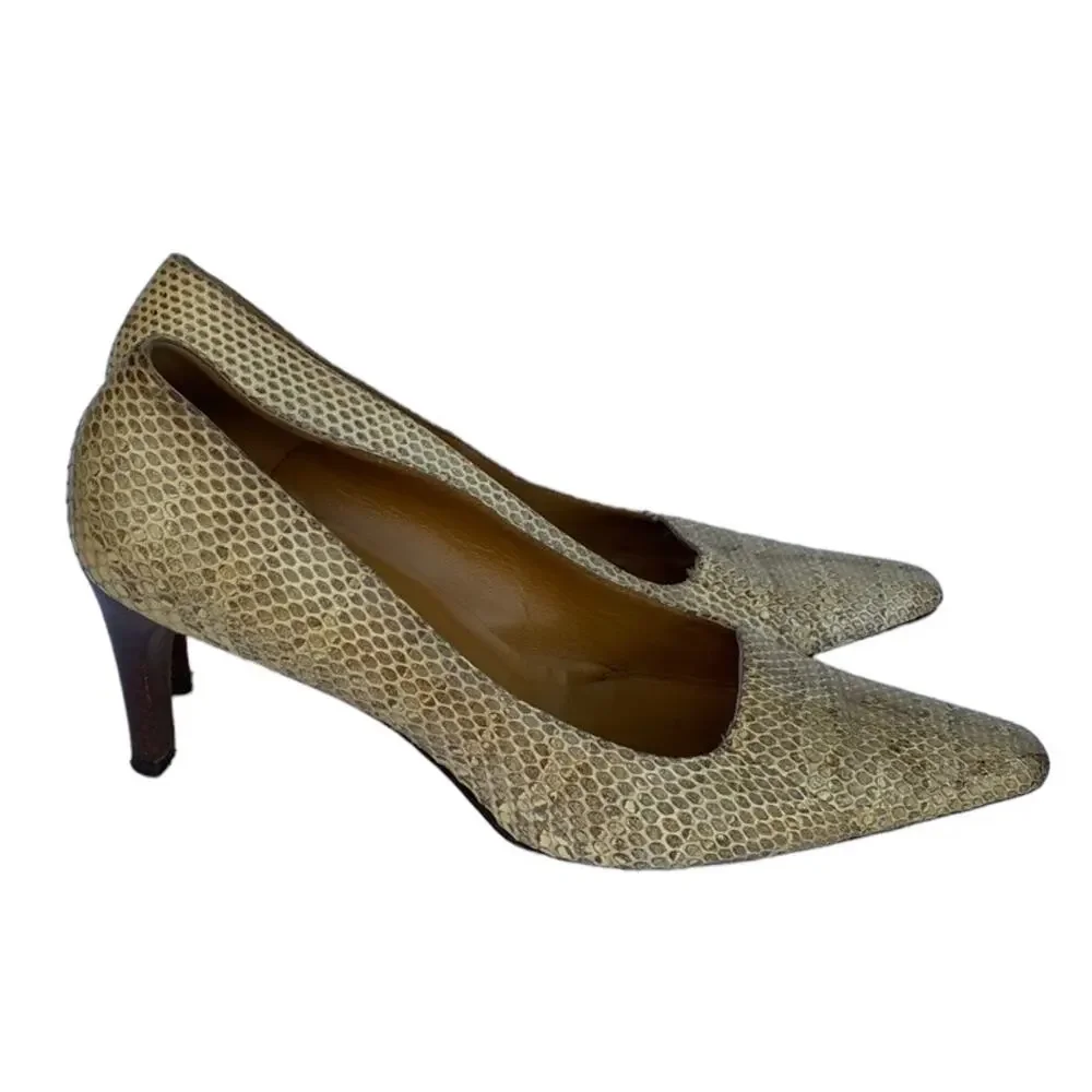Vintage Gucci Tan Snakeskin Snip Toe Slip On Classic Heeled Pumps Size 9B - Picture 2 of 10